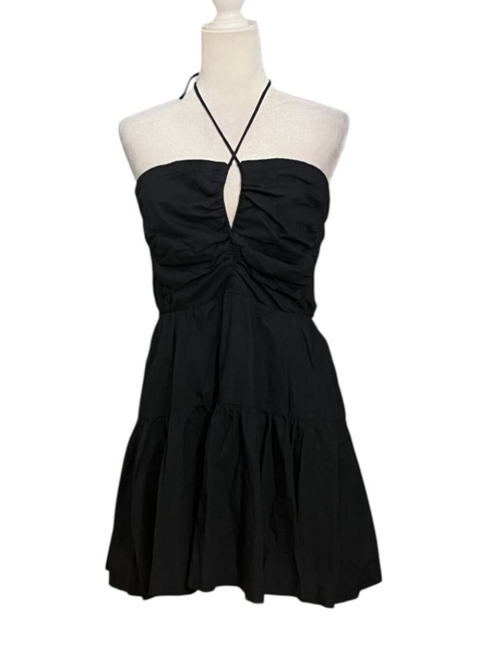 Anthropologie Black Halter Smocked Tiered Mini Dress Keyhole Cutout Size M - Picture 2 of 10